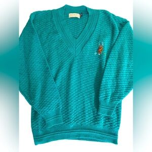 Vintage 90's Teal Preppy Golf Sweater Cotton Chunky Knit Hand Framed USA Size M